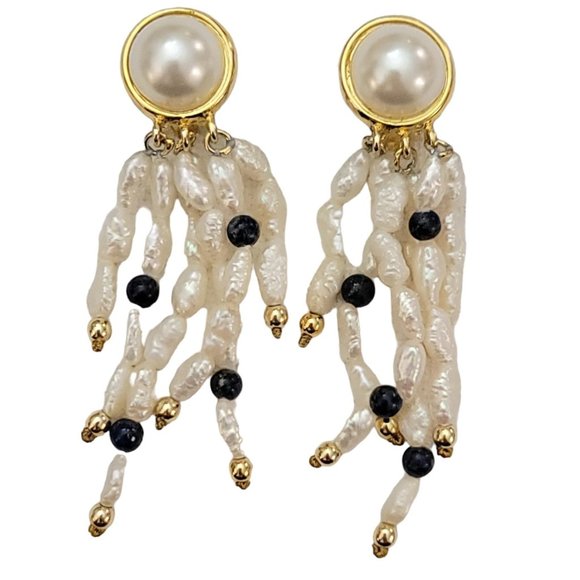 Gold Tone Rice Pearl Lapis Beads Dangle Clip-On Earrings, K873 - Picture 1 of 5